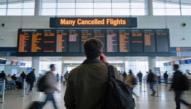 Traveler watching departures board showing many cancelled flights in busy airport terminal