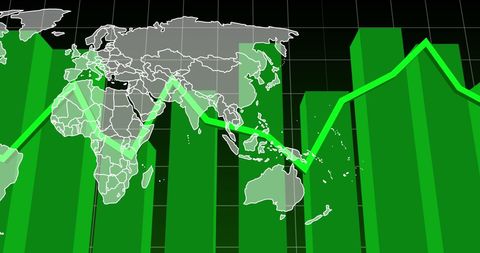 Global business trends visualization with world map and rising graph