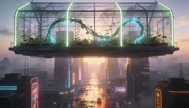 Floating glass greenhouse hovering over neon city avenue with bioluminescent vines at dusk
