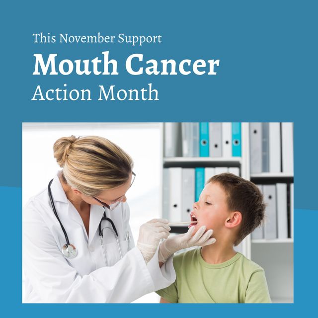 Caucasian female doctor examining boy's mouth with mouth cancer action month text in blue frame. Digital composite, oral health, healthcare, raise awareness, early detection and prevention.
