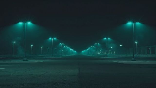 Casting teal light over empty parking lot with symmetrical streetlights and vanishing point