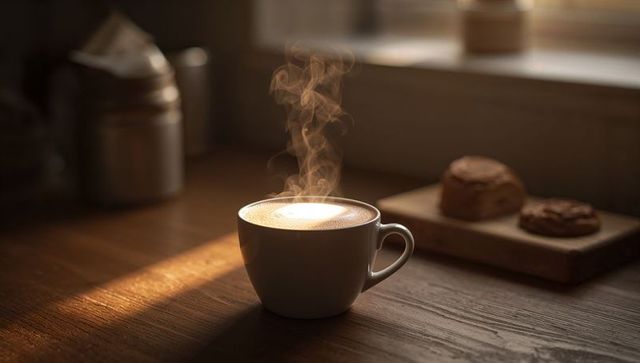 Warm morning latte steaming in white cup on wooden table with pastries and sunlit window