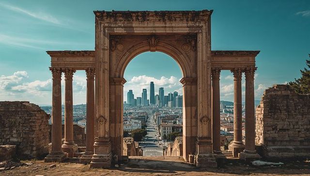 Framing Ornate Stone Arch Revealing Modern City Skyline Along Wide Avenue