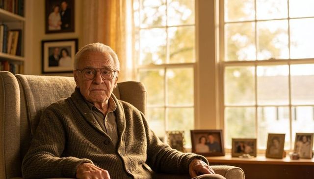 Elderly man sitting in armchair by window, contemplative expression, warm home light