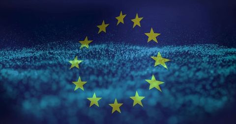 Glowing european union stars circling over teal digital bokeh wave background