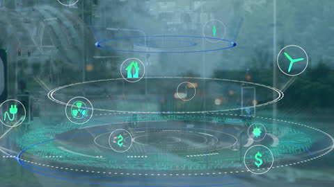 Futuristic Cityscape with Digital Interface Icons Overlay