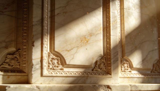 Ornate carved marble panels showing floral rosettes, rope molding and gold veining