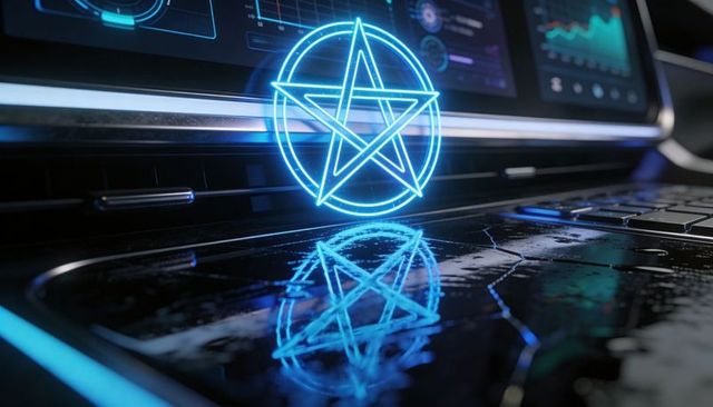 Hovering neon pentagram hologram above laptop deck casting cyan glow and glossy reflection