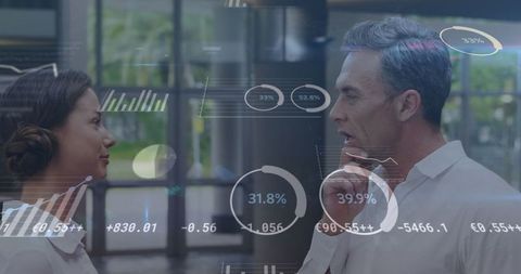 Businesspeople Engaging with Digital Financial Interface Overlay