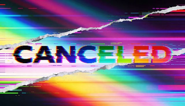 Canceled glitch typography featuring torn paper tears, neon gradient, rgb distortion