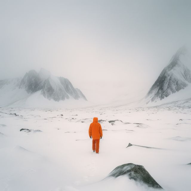 Man walking in frozen arctic tundra landscape, created using generative ai technology. Scenery, winter and beauty in nature concept digitally generated image.