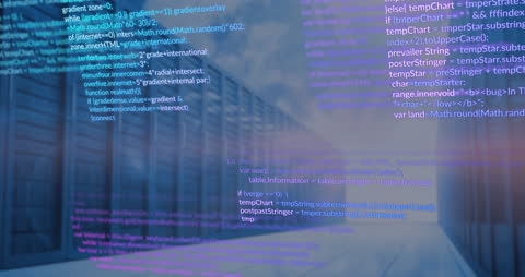 Colorful Code Streams along Blurred Data Center Aisle