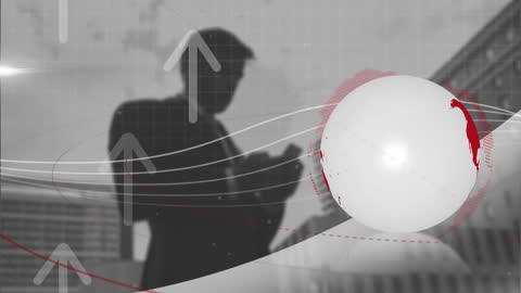 Silhouette of a businessman stands against a backdrop of a cityscape, surrounded by a digital overlay featuring a globe, arrows, and data patterns. This video conveys themes of global connectivity, technological advancement, and business strategy. It is ideal for illustrating articles on international business growth, technology in business, or global networking opportunities.
