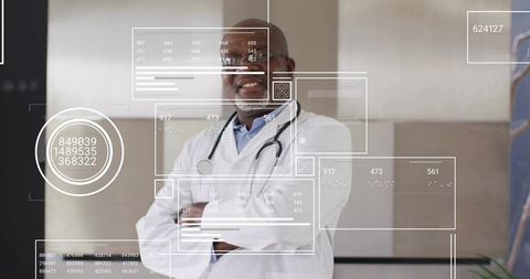 Senior african american doctor standing with arms crossed in clinic with data overlay