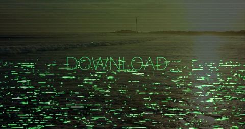 Glitching neon-green download overlay on ocean at dusk with scanlines and digital noise
