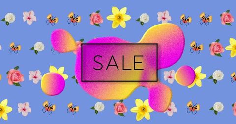 Vibrant Sale Banner with Flowers and Abstract Design Elements