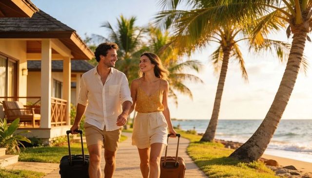 Couple walking along tropical beach resort pulling rolling luggage at golden hour