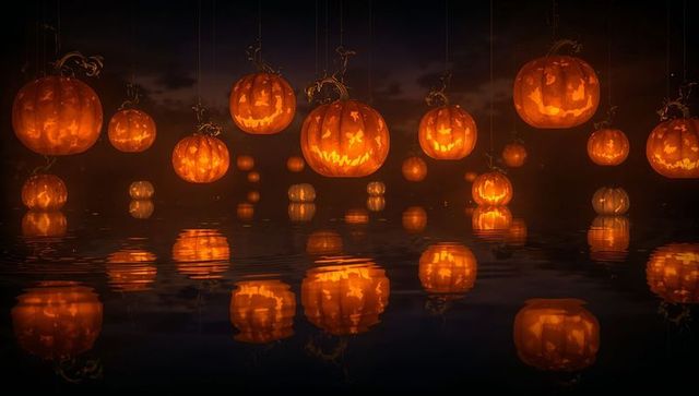 Glowing jack-o'-lanterns over calm lake at night