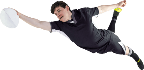 Transparent Rugby Player Leaping in Air Holding Ball