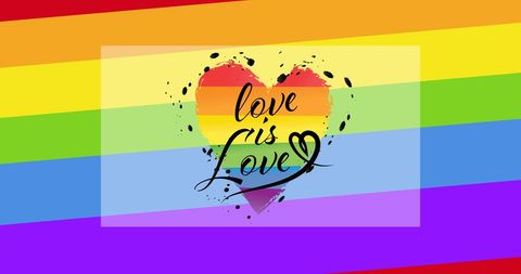 Love is Love Text with Heart Over Rainbow Stripes