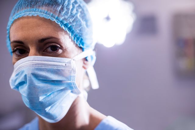Portrait of female nurse wearing surgical mask in operation theater at hospital