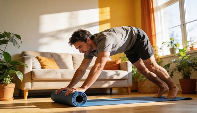 Man unrolling yoga mat in sunlit living room for morning home workout and stretching