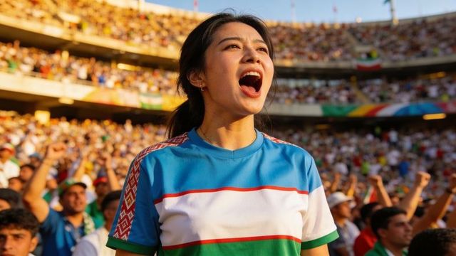Passionate female fan cheering loudly in packed stadium wearing bright striped jersey