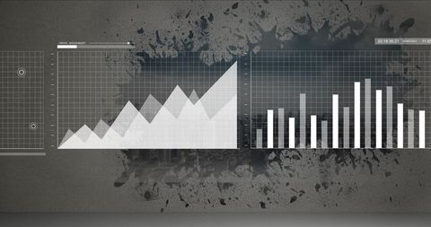 Dual data dashboards displaying area peaks and bar charts on grunge concrete wall