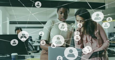 Diverse Female Colleagues Analyzing Data with Technology Network Overlay - Download Free Stock Images Pikwizard.com