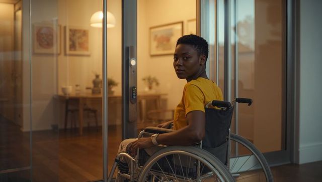 Woman in wheelchair by glass door glancing backwards