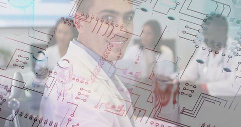Scientists Interacting with Circuit Diagrams in Innovative Laboratory