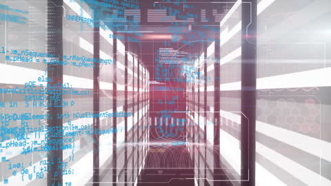 Data Processing in Modern Server Room with Digital Interface Elements