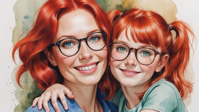 Red-haired Mother Daughter Duo Smiling with Glasses on Watercolor Background