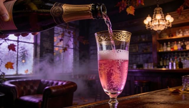 Pouring pink champagne into ornate gold-rimmed flute in moody vintage bar with autumn leaves