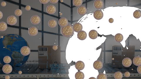 Global Economics: Coins and Globe with Logistics Background
