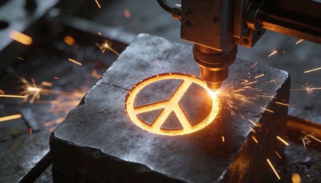 Cnc plasma cutter engraving glowing peace symbol into steel block with sparks