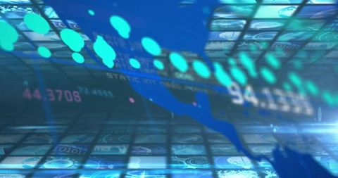 Streaming Digital Ribbon with Turquoise Nodes over Futuristic Tiled HUD Visualization