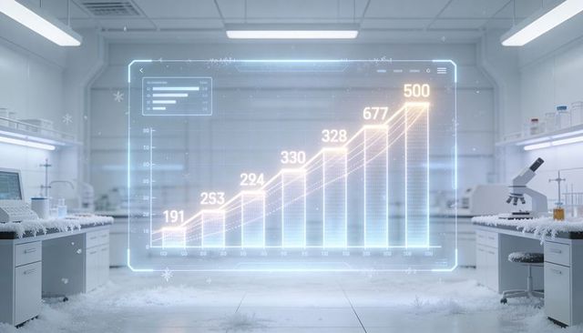 Projecting holographic bar chart in high-tech laboratory showing rising data bars