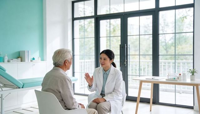 Clinician gesturing while discussing care with senior patient in bright modern clinic