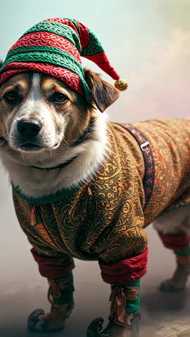 Vertical video showing dog wearing elf outfit standing and shifting head amid drifting fog