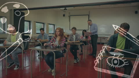 Animation of School Icons Around Students During Exam