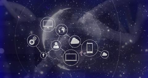 Futuristic Digital Globe with Network Nodes and Device Icons Showing Cloud Connectivity
