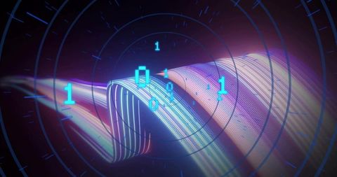 Streaming neon data ribbon with binary digits and radar overlay, futuristic digital motion