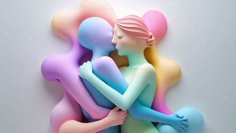 Abstract pair of embracing figures in pastel harmony