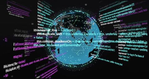 Rotating Global Data Globe Showing Neon Network Nodes and Floating Code Streams