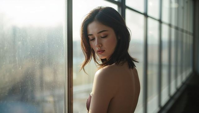 Contemplative asian woman standing by multi-pane window gazing down in soft light