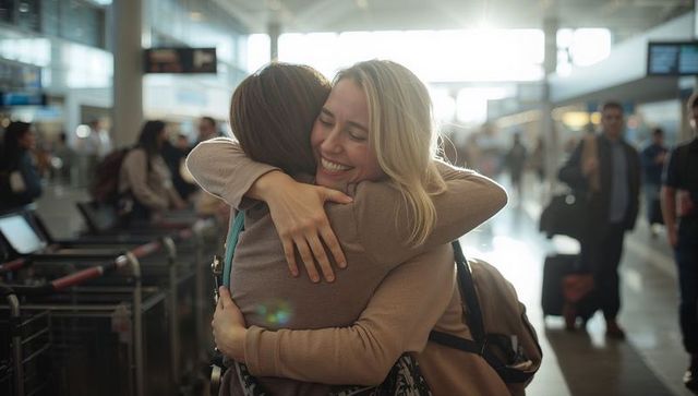 Sunlit airport reunion: two friends reuniting with warm hug and smiling faces