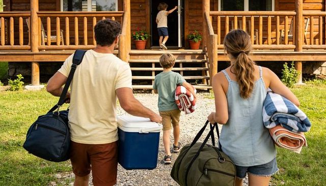 Family arriving at log cabin for summer getaway carrying cooler duffels and beach towels