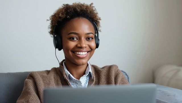 Smiling woman wearing headphones using laptop on sofa for remote work and online learning