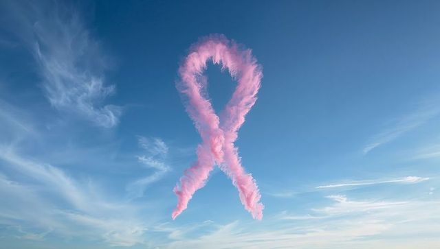 Pink smoke ribbon symbolizing breast cancer awareness in blue sky